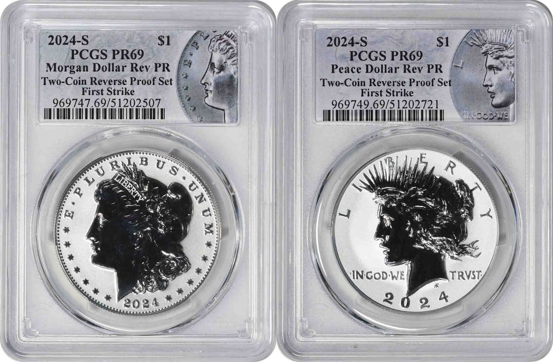 PCGS PR69 2024-S Morgan and Peace Silver Dollars Special Labels: PCGS PR69 2024-S Morgan and Peace Silver Dollars Special Labels This set features a 2024-S Morgan Silver Dollar and a 2024-S Peace Silver Dollar, both in reverse proof finish. Each coin is graded PR69