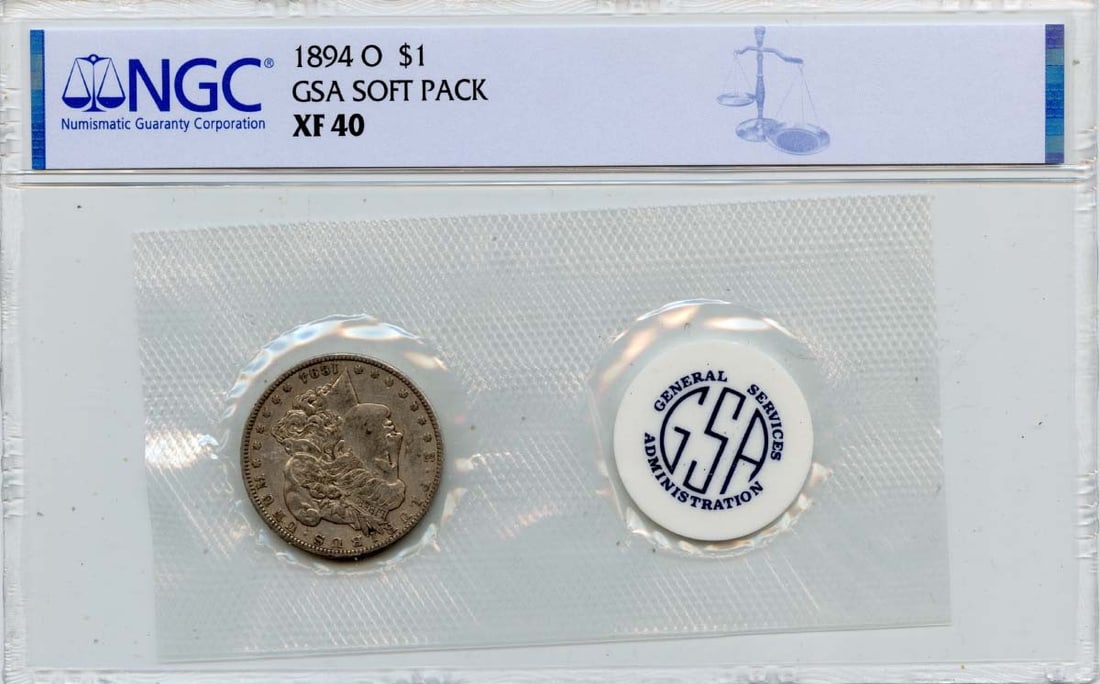 NGC XF40 1894-O Morgan Dollar in GSA Soft Pack: NGC XF40 1894-O Morgan Dollar in GSA Soft Pack This 1894-O Morgan Dollar is certified by NGC with a grade of XF40 and comes in a GSA soft pack. Minted in New Orleans, this circulated silver dollar is 