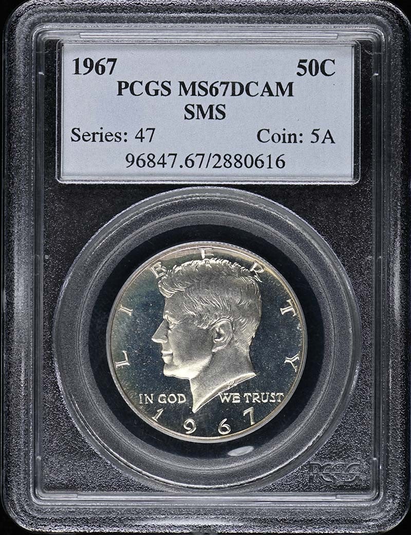 1967 Kennedy Half Dollar PCGS MS67 CAM Philadelphia Mint: 1967 Kennedy Half Dollar PCGS MS67 CAM Philadelphia Mint This 1967 Kennedy Half Dollar is certified by PCGS, boasting a remarkable MS67 grade with a CAM designation. This uncirculated coin, minted in 