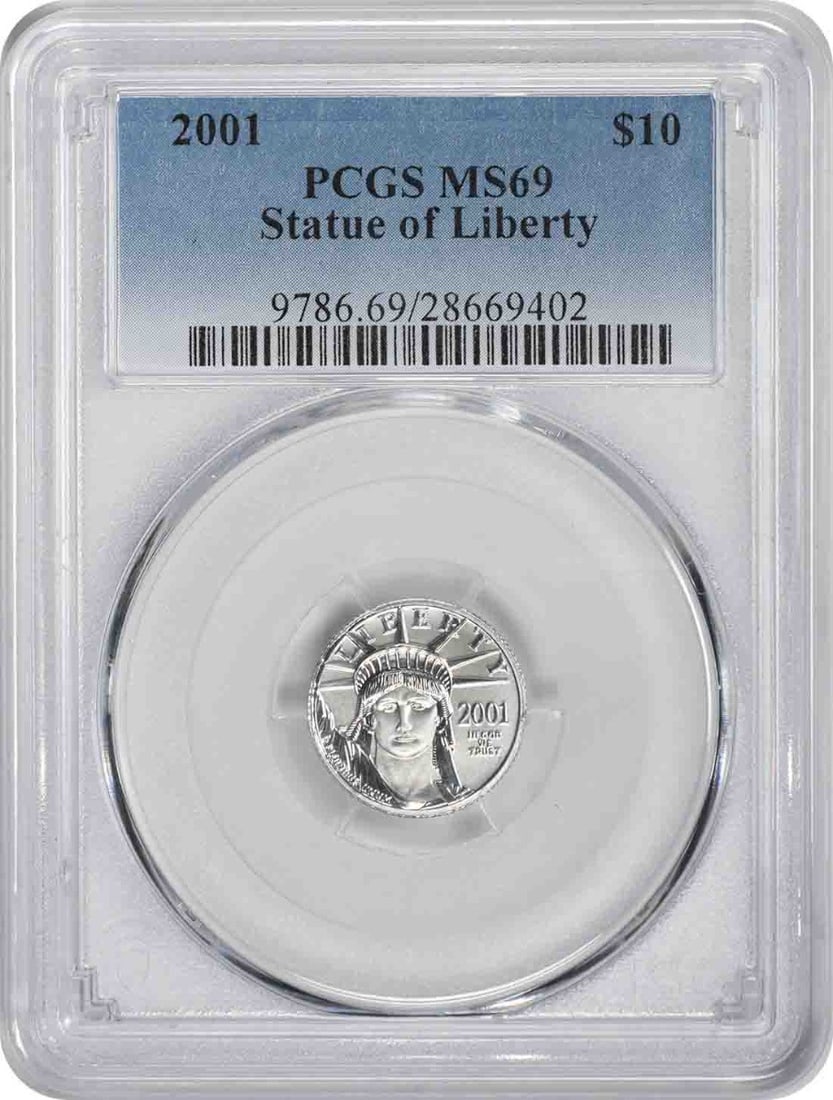 PCGS MS69 2001 Platinum American Eagle Ten Dollar Coin: PCGS MS69 2001 Platinum American Eagle Ten Dollar Coin This 2001 $10 American Platinum Eagle coin features the Statue of Liberty design and has been certified MS69 by PCGS. Struck by the U.S. Mint in 