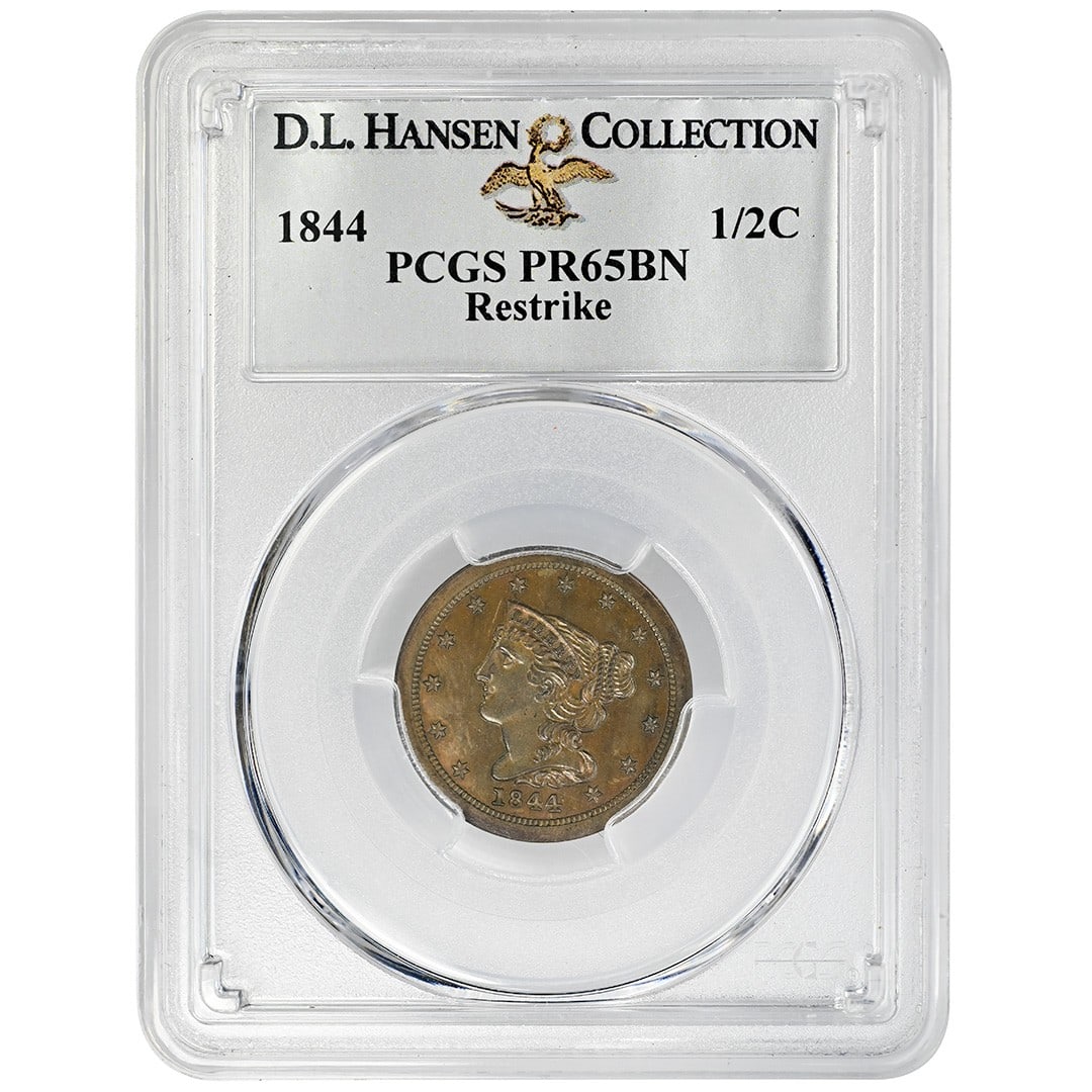 PCGS PR65BN 1844 Braided Hair 1/2C Restrike Proof: PCGS PR65BN 1844 Braided Hair 1/2C Restrike Proof 1844 Braided Hair Half Cent restrike certified by PCGS and graded PR65BN. This uncirculated proof coin is composed of copper and is a pre-owned exampl