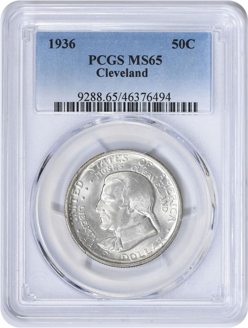 1936 Cleveland Commemorative Silver Half Dollar MS65 PCGS Certified 90% Silver: 1936 Cleveland Commemorative Silver Half Dollar MS65 PCGS Certified 90% Silver This 1936 Cleveland Commemorative Silver Half Dollar is a remarkable piece certified by PCGS with a grade of MS65, indica