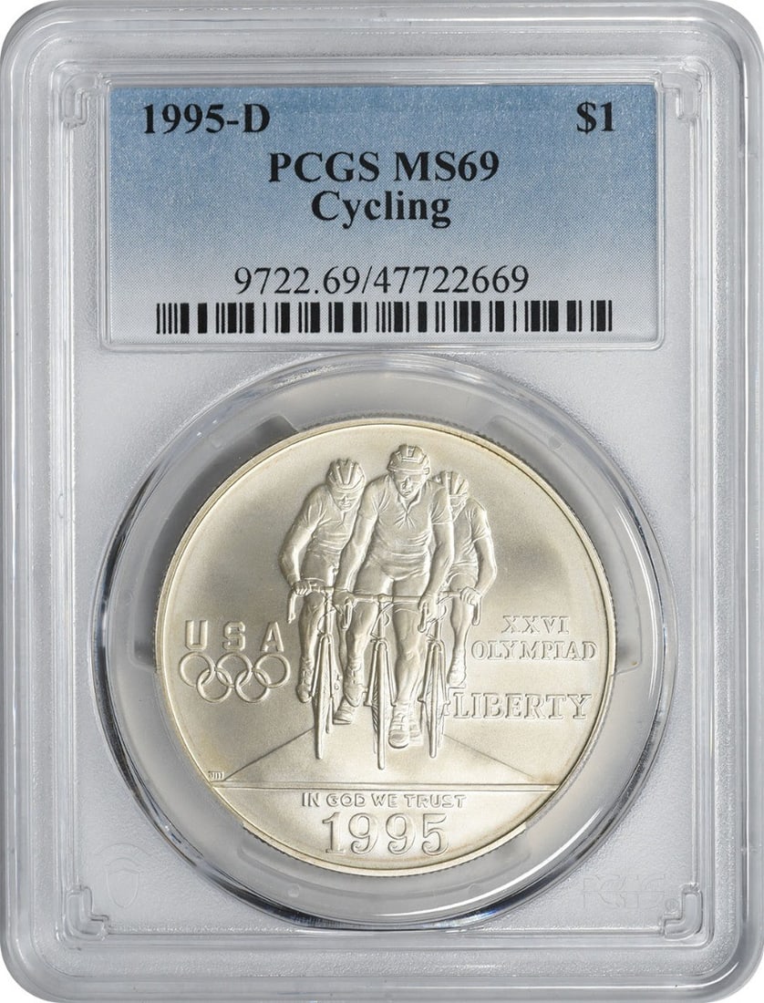 PCGS MS69 1995-D Cycling Commemorative Silver Dollar: PCGS MS69 1995-D Cycling Commemorative Silver Dollar This 1995-D Cycling Commemorative Silver Dollar is a United States coin minted in Denver to celebrate cycling. It is composed of 90% silver and 10%