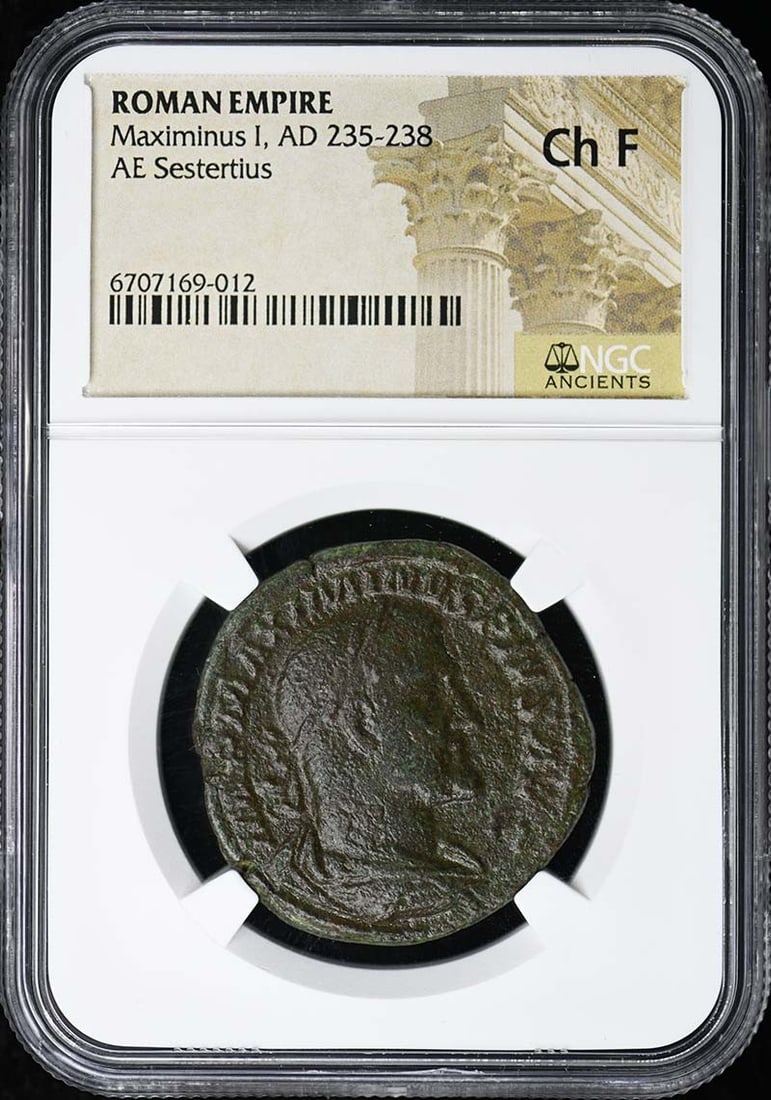 Roman Empire AE Sestertius of Maximinus I Certified by NGC: Roman Empire AE Sestertius of Maximinus I Certified by NGC This is a Roman Empire AE Sestertius coin from the reign of Maximinus I, issued between AD 235-238. The coin is graded Choice Fine (Ch F) by 