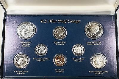 8-Coin US Proof Set with Silver Franklin Roosevelt and Washington in Box: 8-Coin US Proof Set with Silver Franklin Roosevelt and Washington in Box This US Mint Proof Coin Set contains 8 coins, of which 3 are silver: Franklin Half Dollar, Roosevelt Dime, and Washington Quart