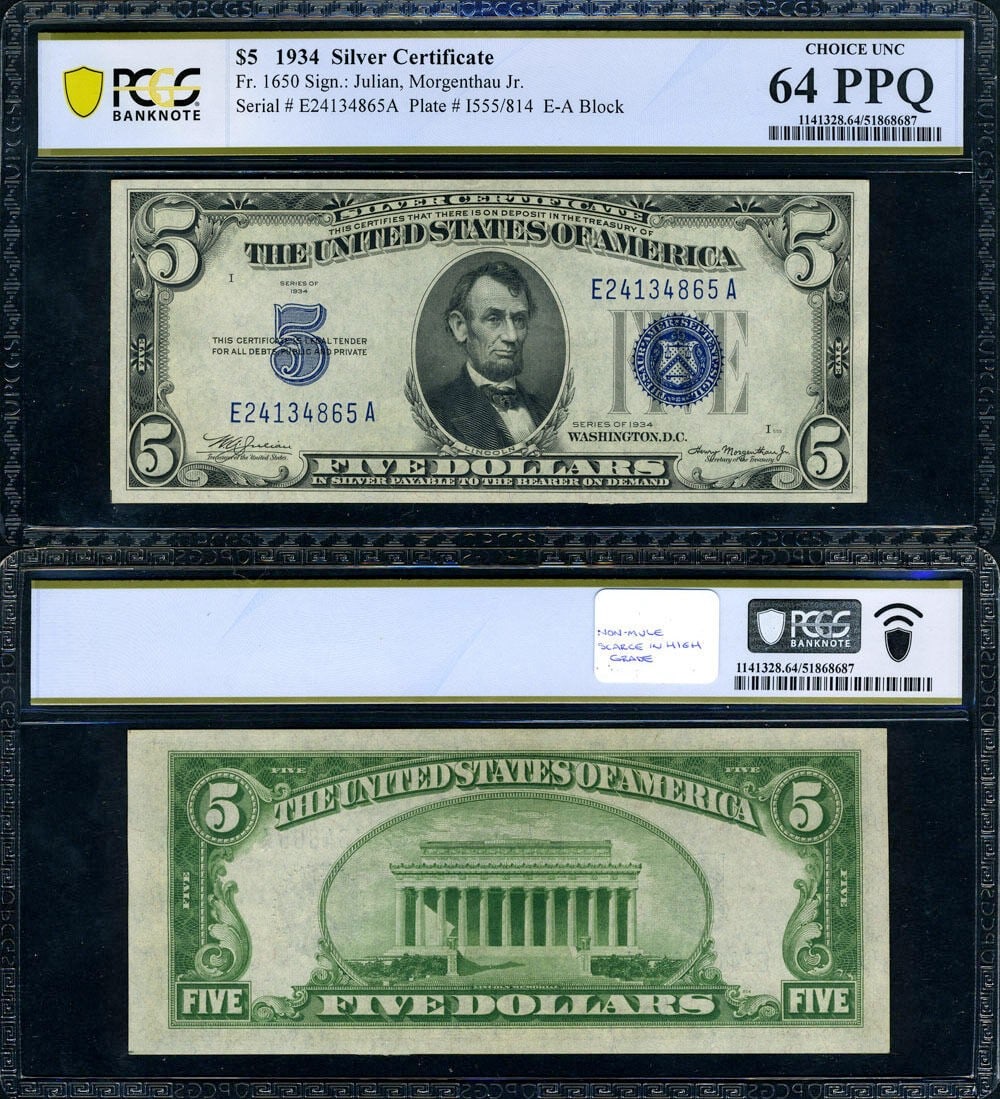 1934 $5 Silver Certificate E-A Block PCGS CU64 PPQ Non-Mule Note (1 of 3)