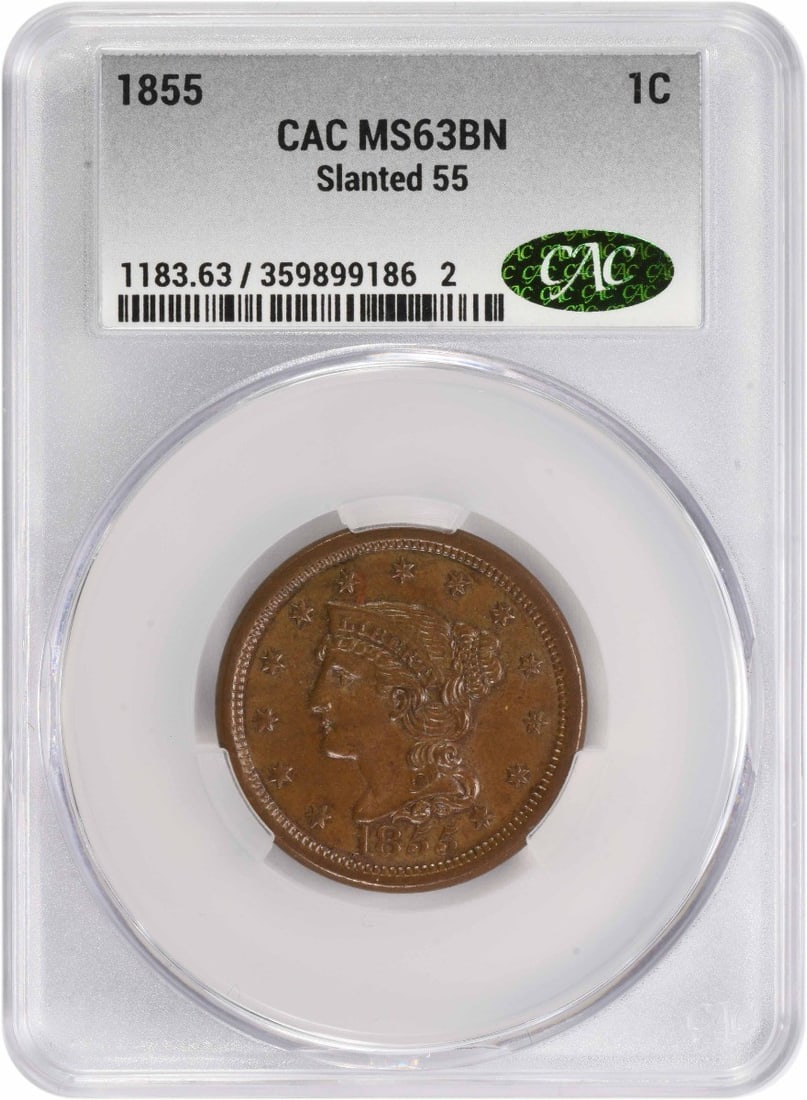 1855 Large Cent Braided Hair MS63BN CACG Certified Coin: 1855 Large Cent Braided Hair MS63BN CACG Certified Coin This 1855 Large Cent features a stunning Braided Hair design, masterfully crafted by designer Christian Gobrecht. Graded MS63 by CACG, this unci