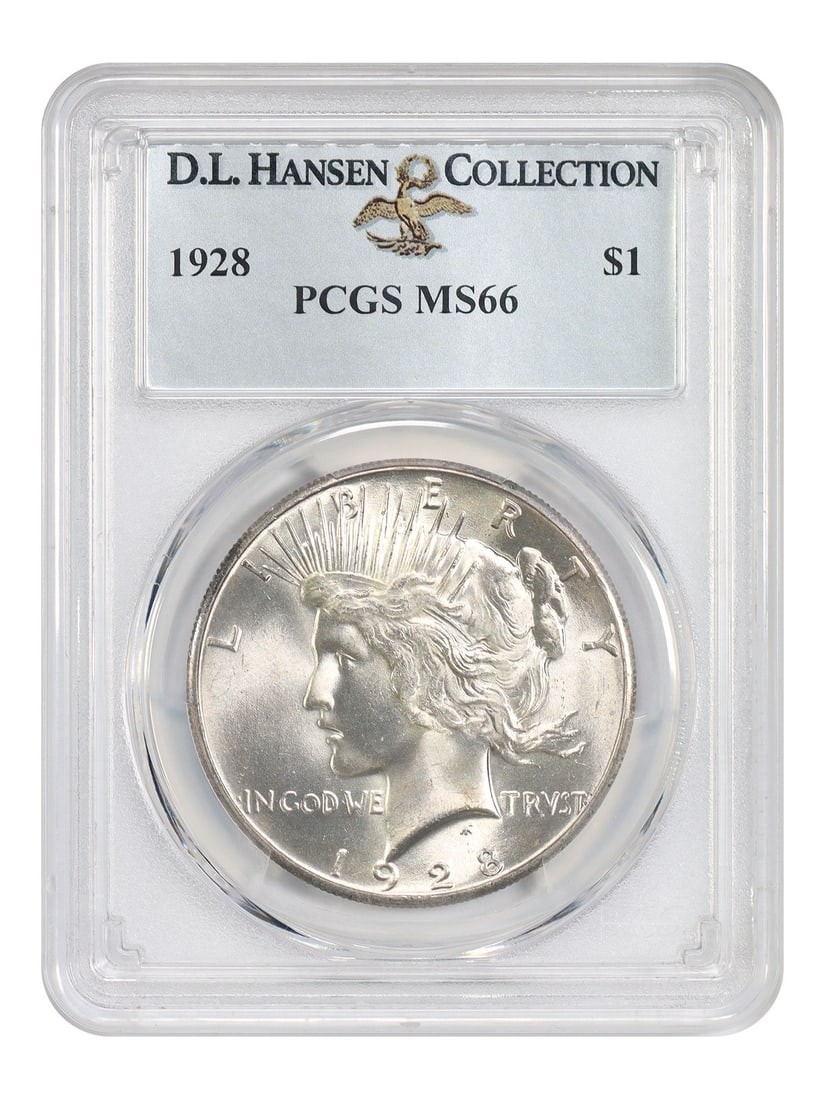 PCGS MS66 1928 Peace Dollar $1 ex D.L. Hansen: PCGS MS66 1928 Peace Dollar $1 ex D.L. Hansen 1928 Peace Dollar certified PCGS MS66, ex: D.L. Hansen. This uncirculated example is one of the key issues in the Peace Dollar series, with the lowest min