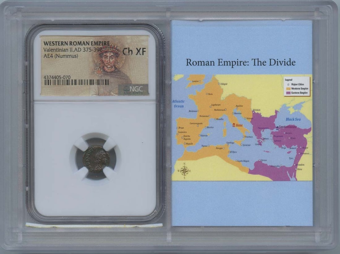 Valentinian II AD 375-392 AE4 Ancient Roman Coin NGC XF45: Valentinian II AD 375-392 AE4 Ancient Roman Coin NGC XF45 This ancient Roman coin from the Western Roman Empire features the reign of Valentinian II (AD 375-392). Certified by NGC with a grade of XF45