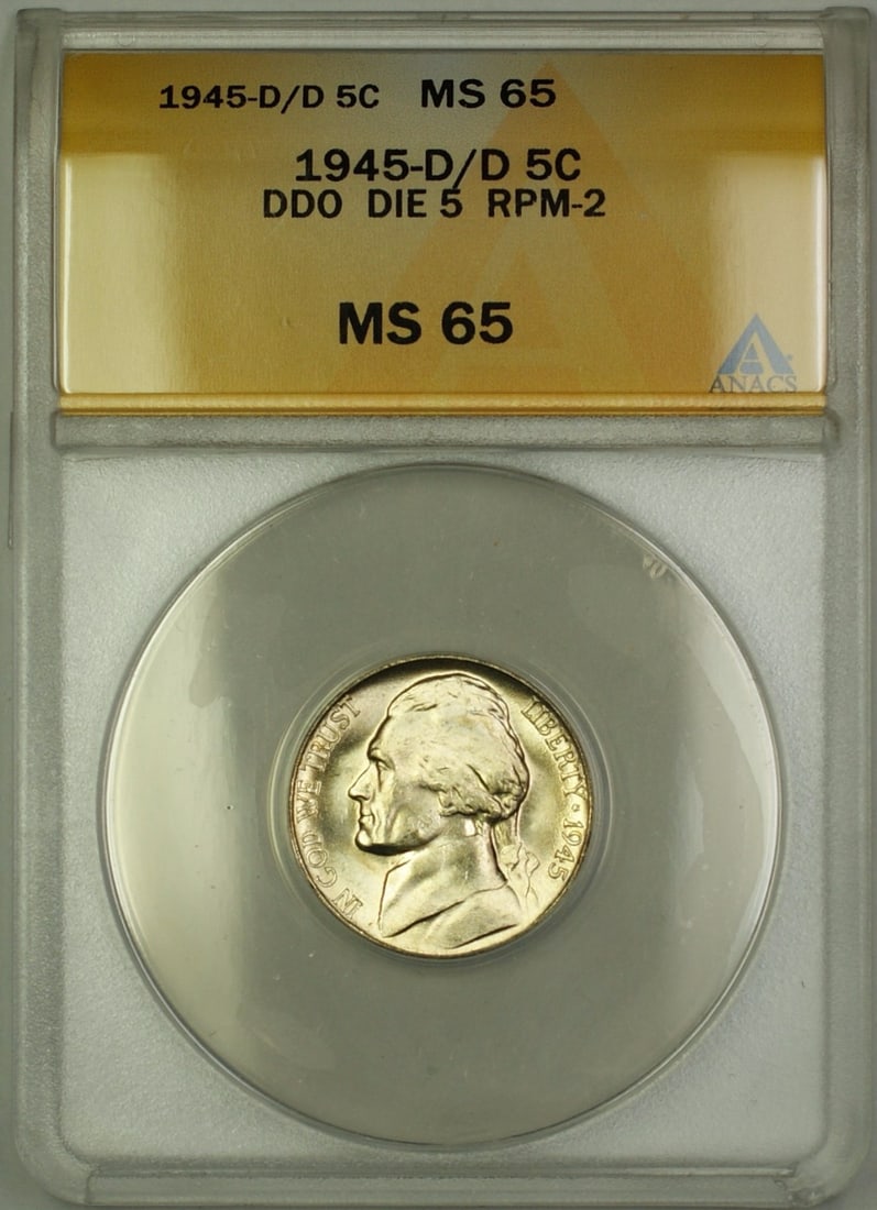 1945 Denver Silver Jefferson Nickel RPM-2 DDO Die 5 ANACS MS-65: 1945 Denver Silver Jefferson Nickel RPM-2 DDO Die 5 ANACS MS-65 This 1945-D/D RPM-2 DDO DIE 5 Wartime Silver Jefferson Nickel is a 5 cent coin minted in Denver, composed of silver. Graded MS 65 by ANA
