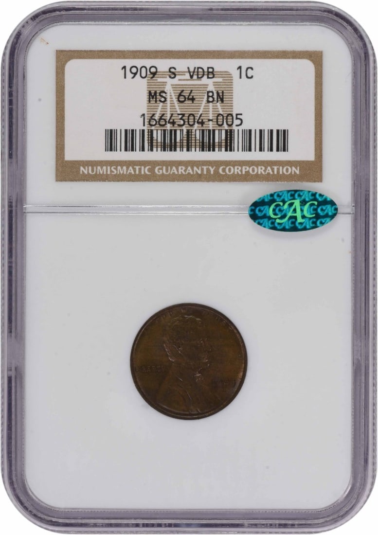 1909-S Lincoln Wheat Cent MS64BN NGC CAC: 1909-S Lincoln Wheat Cent MS64BN NGC CAC This 1909-S VDB Lincoln Wheat Cent is graded MS64 Brown by NGC and features the CAC designation. Struck in copper, this uncirculated small cent originates from