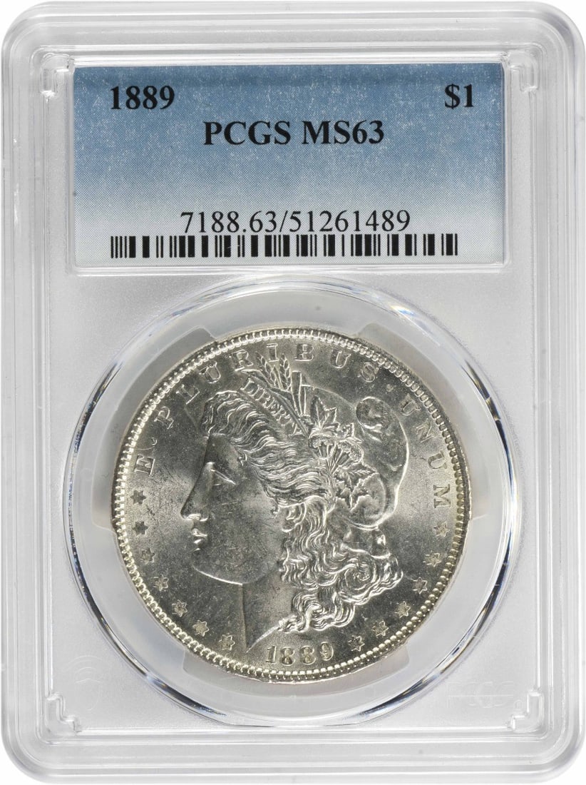 MS63 PCGS Certified 1889 Morgan Dollar Philadelphia Mint Silver Coin: MS63 PCGS Certified 1889 Morgan Dollar Philadelphia Mint Silver Coin This 1889 Morgan Silver Dollar was minted in Philadelphia and is graded MS63 by PCGS. The coin is composed of 90% silver and 10% co