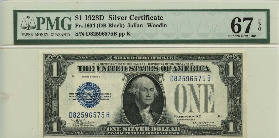 1928D $1 Silver Certificate Blue Seal PMG Superb 67 EPQ Type 1604: 1928D $1 Silver Certificate Blue Seal PMG Superb 67 EPQ Type 1604 This 1928D $1 Silver Certificate features a striking blue seal and is certified by PMG with a superb grade of 67 EPQ. This uncirculate