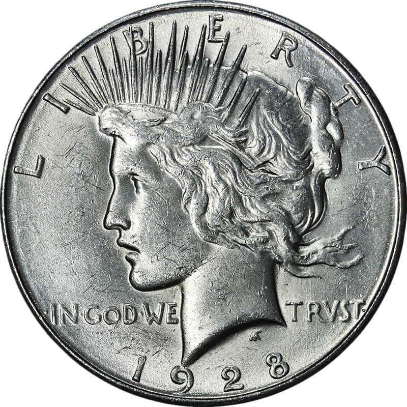 1928 S Peace Dollar Silver Uncirculated US Coin: 1928 S Peace Dollar Silver Uncirculated US Coin 1928-S Peace Dollar with nice uncirculated detail, bright white appearance, and strong eye appeal. The coin is described as having nice luster and a nic