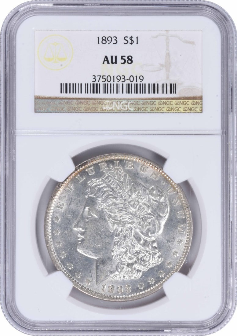 AU58 Graded 1893 Morgan Dollar NGC Certified Philadelphia Mint Silver Coin: AU58 Graded 1893 Morgan Dollar NGC Certified Philadelphia Mint Silver Coin This 1893 Morgan Silver Dollar was minted in Philadelphia and is certified by NGC with an AU58 grade. Composed of 90% silver 