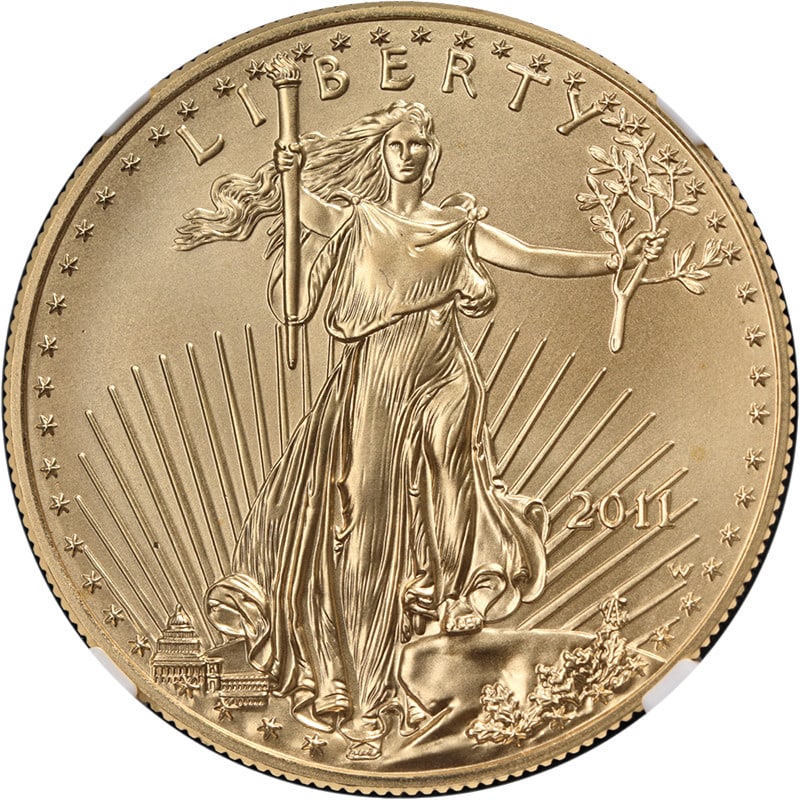 2011-W $50 Gold Eagle Burnished NGC MS69 Brown Label Coin: 2011-W $50 Gold Eagle Burnished NGC MS69 Brown Label Coin This 2011-W Gold American Eagle $50 coin is certified by NGC with a Brown Label and graded MS69. It features a burnished finish, superb eye ap