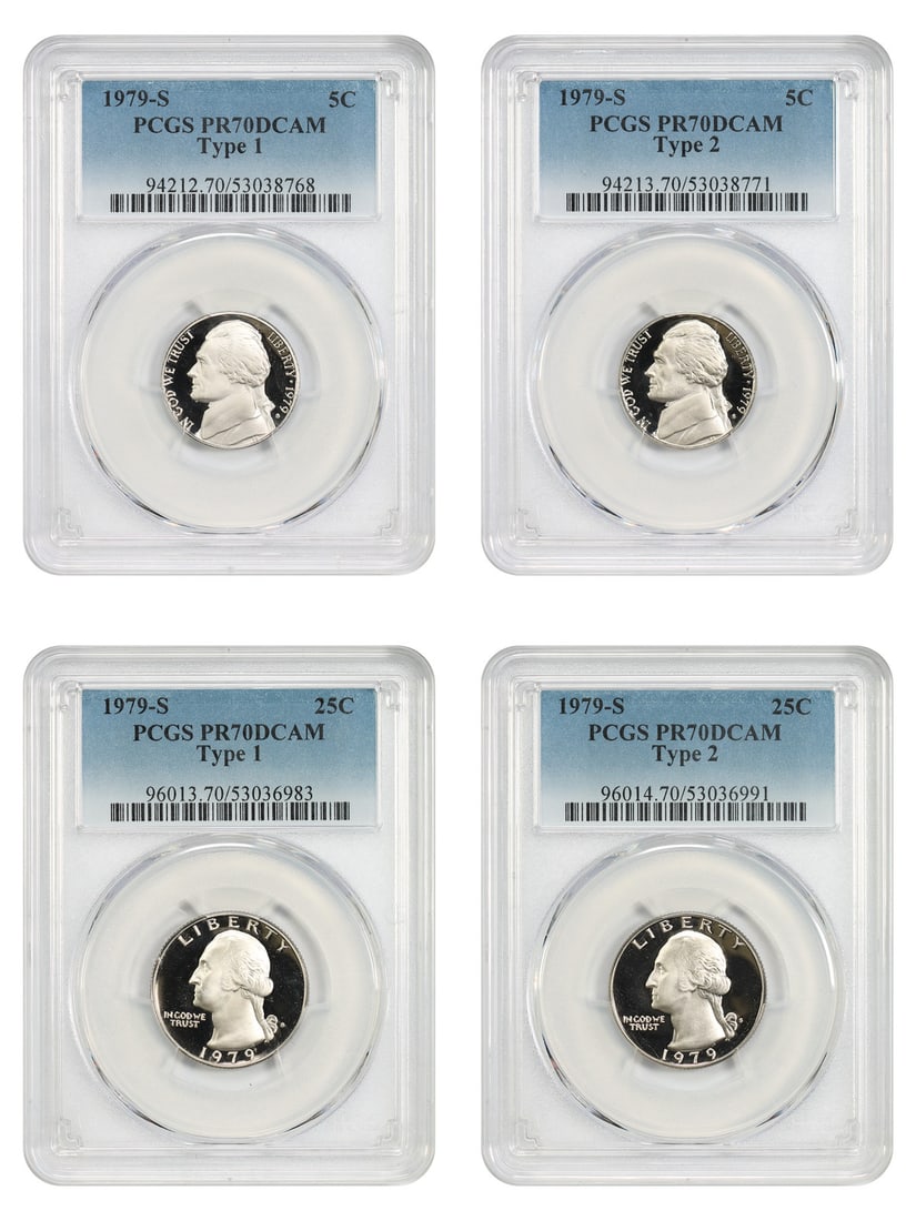PCGS PR70DCAM 1979-S proof coin lot 5C and 25C Type 1 Type 2: PCGS PR70DCAM 1979-S proof coin lot 5C and 25C Type 1 Type 2 Lot of four 1979 proof coins certified by PCGS, including Jefferson Nickel and Washington Quarter Type 1 and Type 2 issues. This pre-owned 