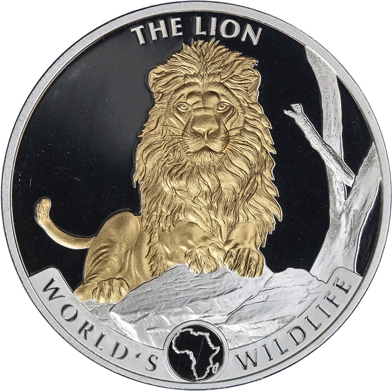 2025 Congo 1 Ounce Silver 20 Francs Lion Gold Gilt Coin: 2025 Congo 1 Ounce Silver 20 Francs Lion Gold Gilt Coin This stunning 2025 Congo 1 Ounce Silver 20 Francs coin features the majestic World's Wildlife Lion design, enhanced with a gold gilt finish. The