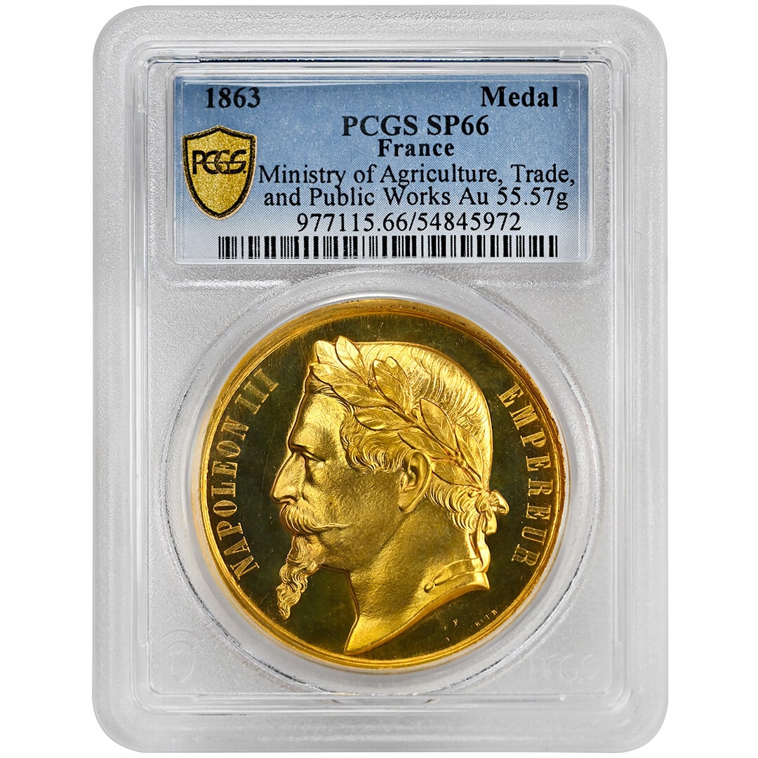PCGS SP66 Gold 1863 France Napoleon III Medal: PCGS SP66 Gold 1863 France Napoleon III Medal This is an 1863 France Napoleon III Emperor gold medal, issued by the Ministry of Agriculture, Trade, and Public Works. The medal is certified by PCGS wit