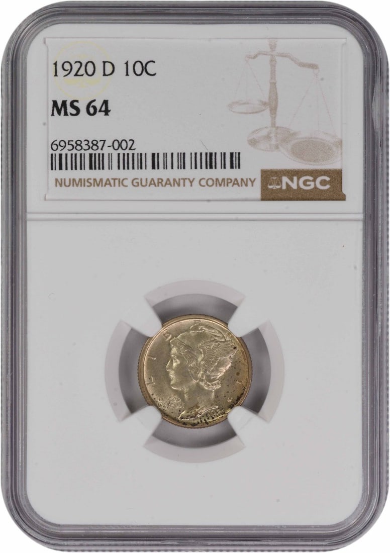 NGC MS64 1920-D Mercury 10C Silver Dime: NGC MS64 1920-D Mercury 10C Silver Dime This 1920-D Mercury Silver Dime is graded MS64 by NGC, indicating a high-quality, uncirculated coin. Struck at the Denver Mint, this U.S. 10-cent piece features