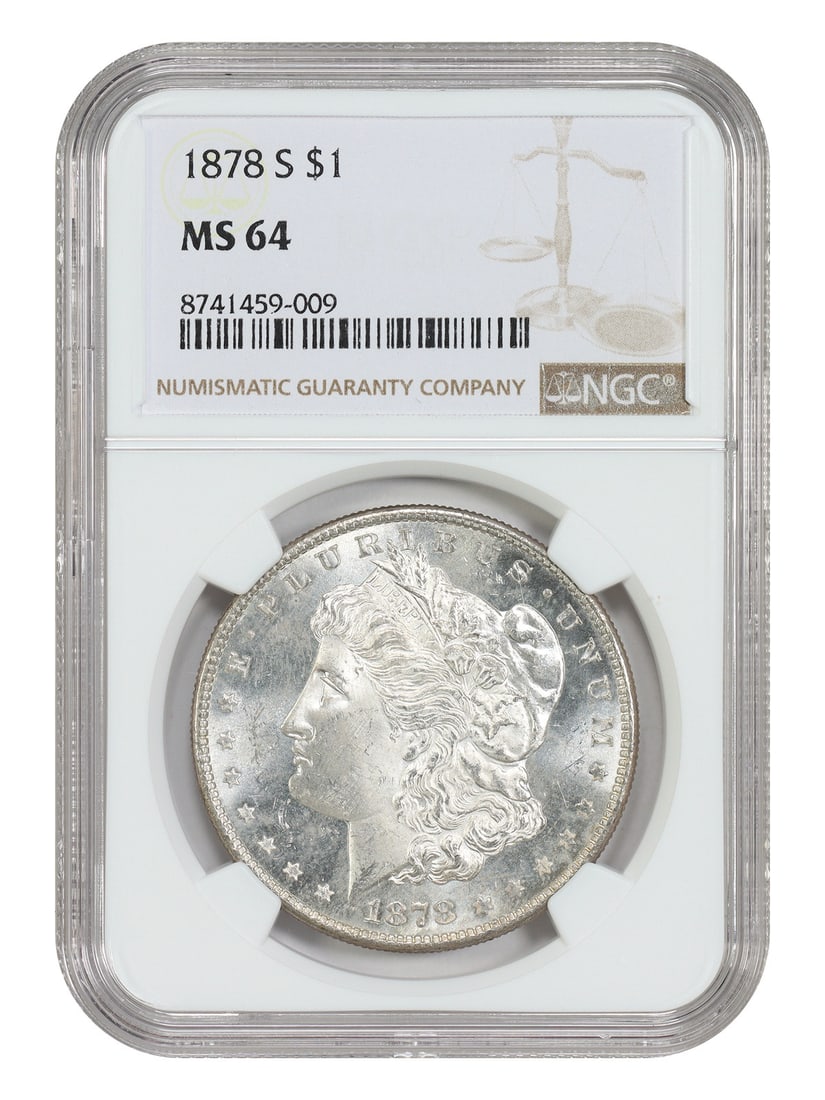 NGC MS64 1878-S Morgan Silver Dollar San Francisco Mint: NGC MS64 1878-S Morgan Silver Dollar San Francisco Mint 1878-S Morgan Dollar certified by NGC in MS64 grade. This uncirculated first-year San Francisco Mint issue is a popular date that often comes wi