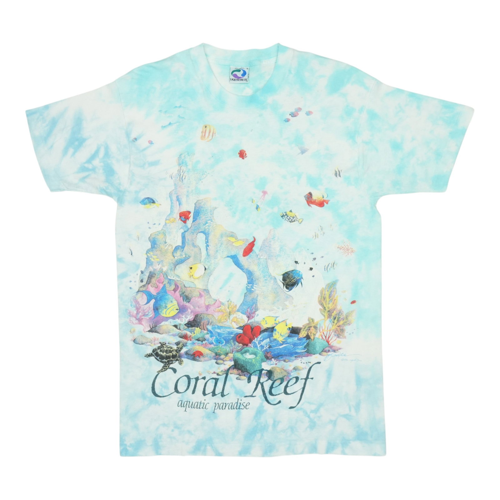 Vintage 1992 Liquid Blue Coral Reef Tie Dye Cotton Graphic Shirt (1 of 4)