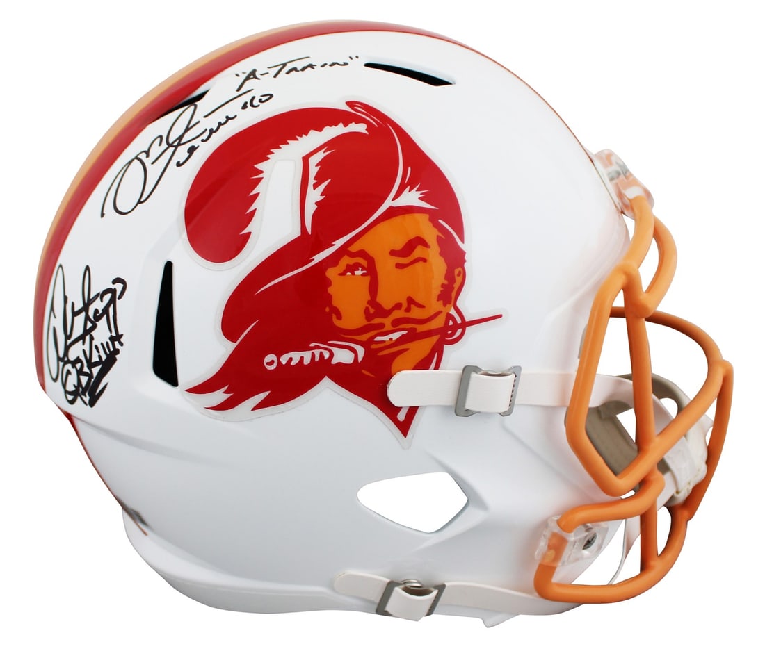Tampa Bay Buccaneers Sapp Alstott Signed Throwback Speed Replica Helmet BAS Witnessed: Tampa Bay Buccaneers Sapp Alstott Signed Throwback Speed Replica Helmet BAS Witnessed This is a Tampa Bay Buccaneers throwback full size Speed replica helmet, personally signed by Warren Sapp and Mike
