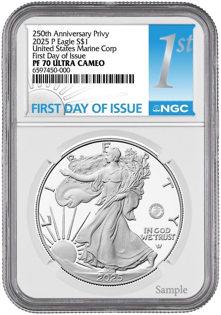 2025-P Proof American Silver Eagle NGC PF70 U.S. Marine Privy: 2025-P Proof American Silver Eagle NGC PF70 U.S. Marine Privy This 2025-P Proof American Silver Eagle features the U.S. Marine Privy mark and is graded PR 70 by NGC, ensuring exceptional quality. Stru