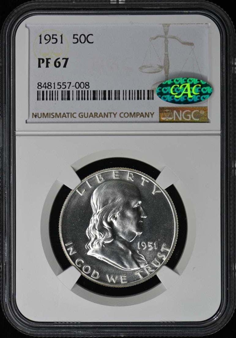 NGC PR67 1951 Franklin Half Dollar CAC: NGC PR67 1951 Franklin Half Dollar CAC This 1951 Franklin Half Dollar is a proof strike graded PR67 by NGC and features a CAC designation. It is an uncirculated coin minted in Philadelphia and is part