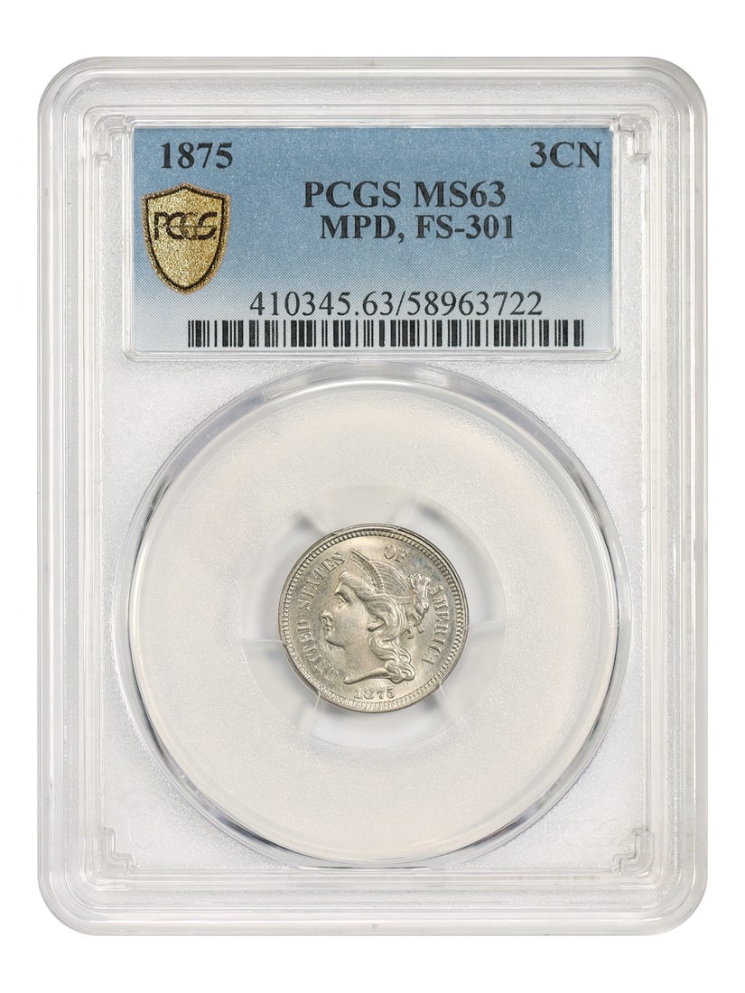 Three Cent Nickel 1875 PCGS MS63 MPD FS-301 3CN: Three Cent Nickel 1875 PCGS MS63 MPD FS-301 3CN 1875 Three Cent Nickel certified by PCGS as MS63, identified as FS-301 MPD. This pre-owned coin is listed as uncirculated. Specifications Denomination: 