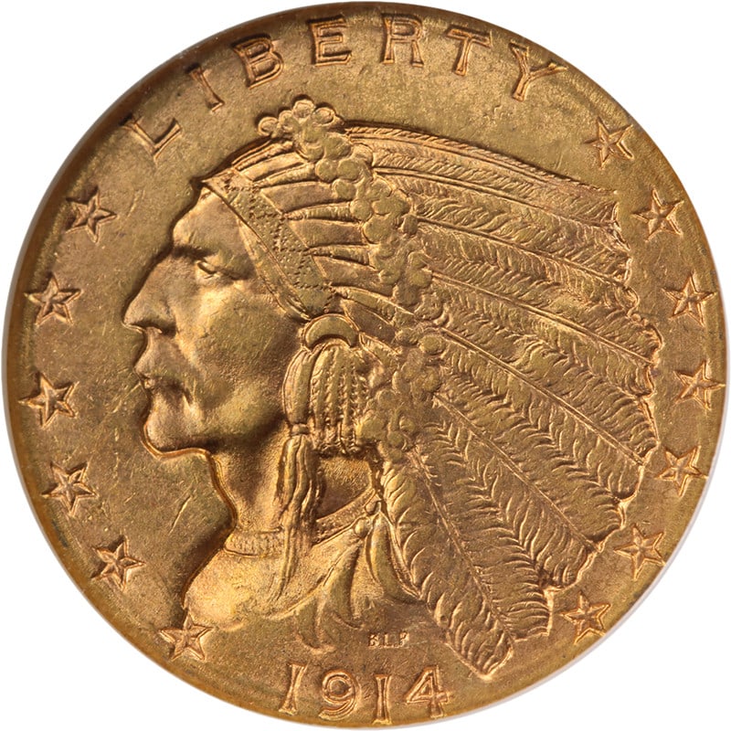 NGC MS63 1914-D Indian Head Quarter Eagle Gold Coin: NGC MS63 1914-D Indian Head Quarter Eagle Gold Coin This is an original 1914-D Indian Gold $2.50 coin graded MS63 by NGC. The coin features excellent eye appeal, bright luster, and a well-defined stri