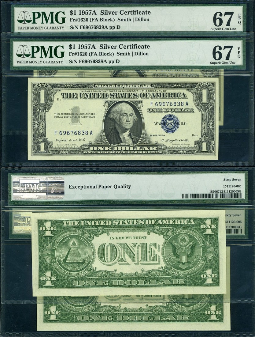 2 Consecutive 1957-A $1 Silver Certificates Fr 1620 F-A Block PMG 67 EPQ (1 of 3)