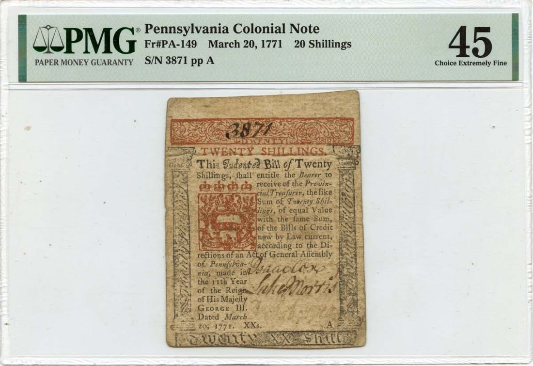 1771 Pennsylvania 20 Shillings Colonial Note PMG XF45 PA-149: 1771 Pennsylvania 20 Shillings Colonial Note PMG XF45 PA-149 This is a historic 20 Shillings Pennsylvania Colonial Note, dated March 20, 1771. It has been certified by PMG with a certification number 