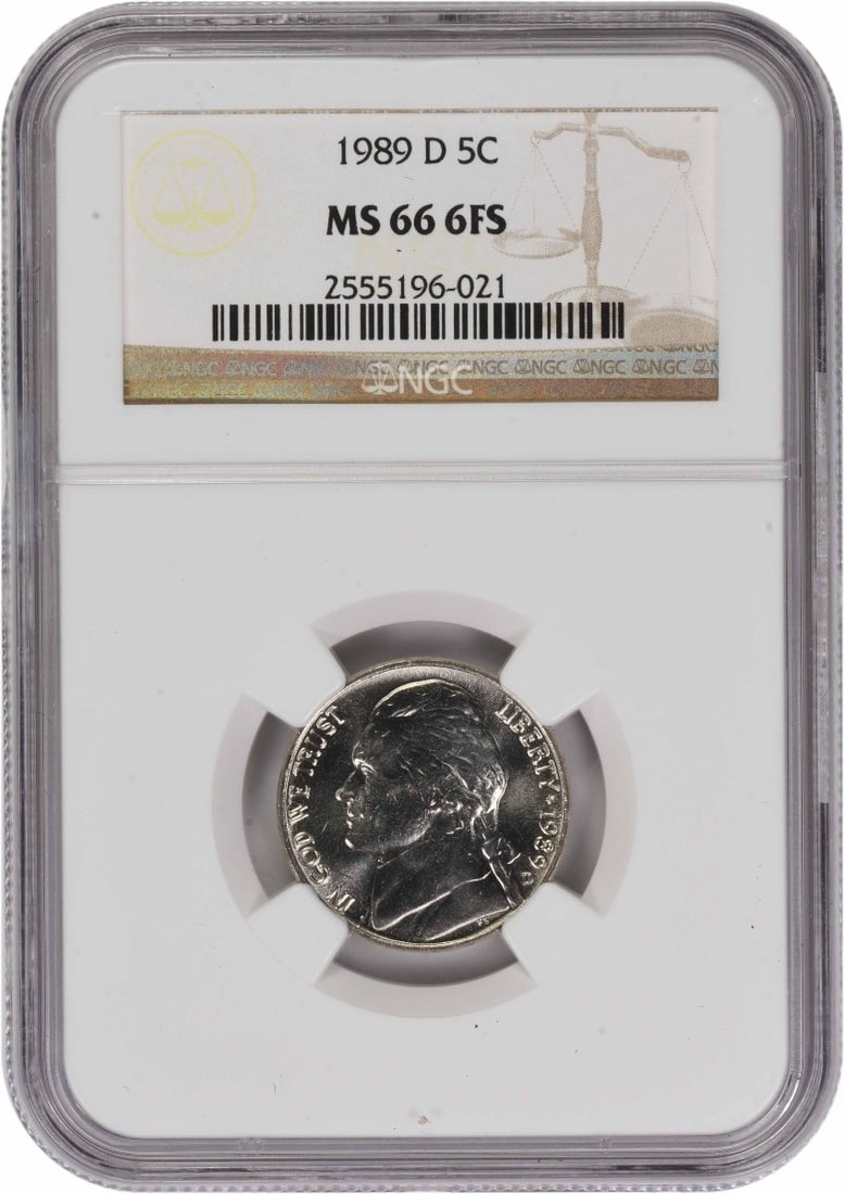 NGC MS66 6 Full Steps 1989 Denver Jefferson Five Cent Coin: NGC MS66 6 Full Steps 1989 Denver Jefferson Five Cent Coin This is a 1989-D Jefferson Nickel graded MS66 with 6 Full Steps (6FS) by NGC. The coin is uncirculated and features a composition of 75% copp