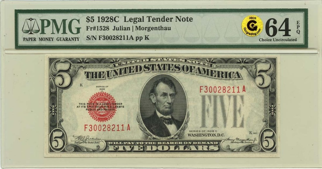 PMG CU64 EPQ 1928C United States $5 Legal Tender Note FR#1528: PMG CU64 EPQ 1928C United States $5 Legal Tender Note FR#1528 1928C $5 Legal Tender Note graded PMG CU64 EPQ. This pre-owned United States note is an uncirculated example with PMG certification. Speci