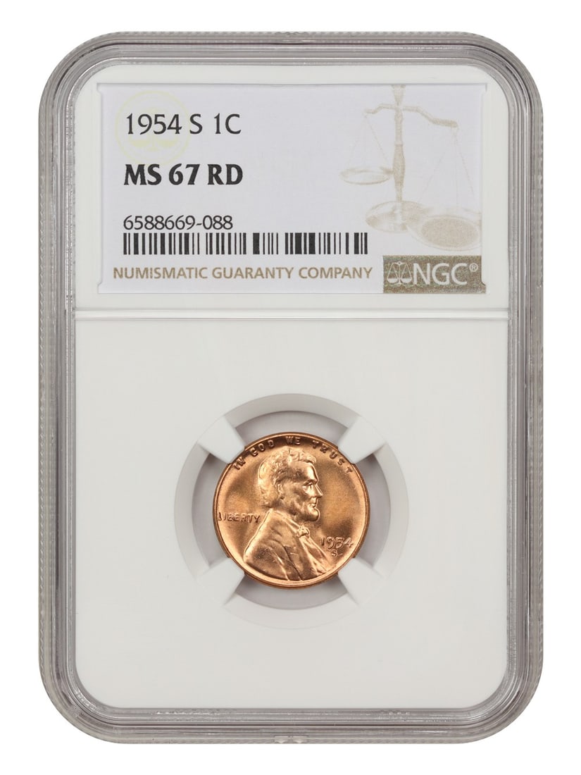 NGC MS67RD 1954-S Lincoln Wheat Cent 1C Blazing Red: NGC MS67RD 1954-S Lincoln Wheat Cent 1C Blazing Red 1954-S Lincoln Cent with Wheat Reverse, certified by NGC as MS67RD. This pre-owned coin is described as a blazing red gem and is uncirculated. Speci