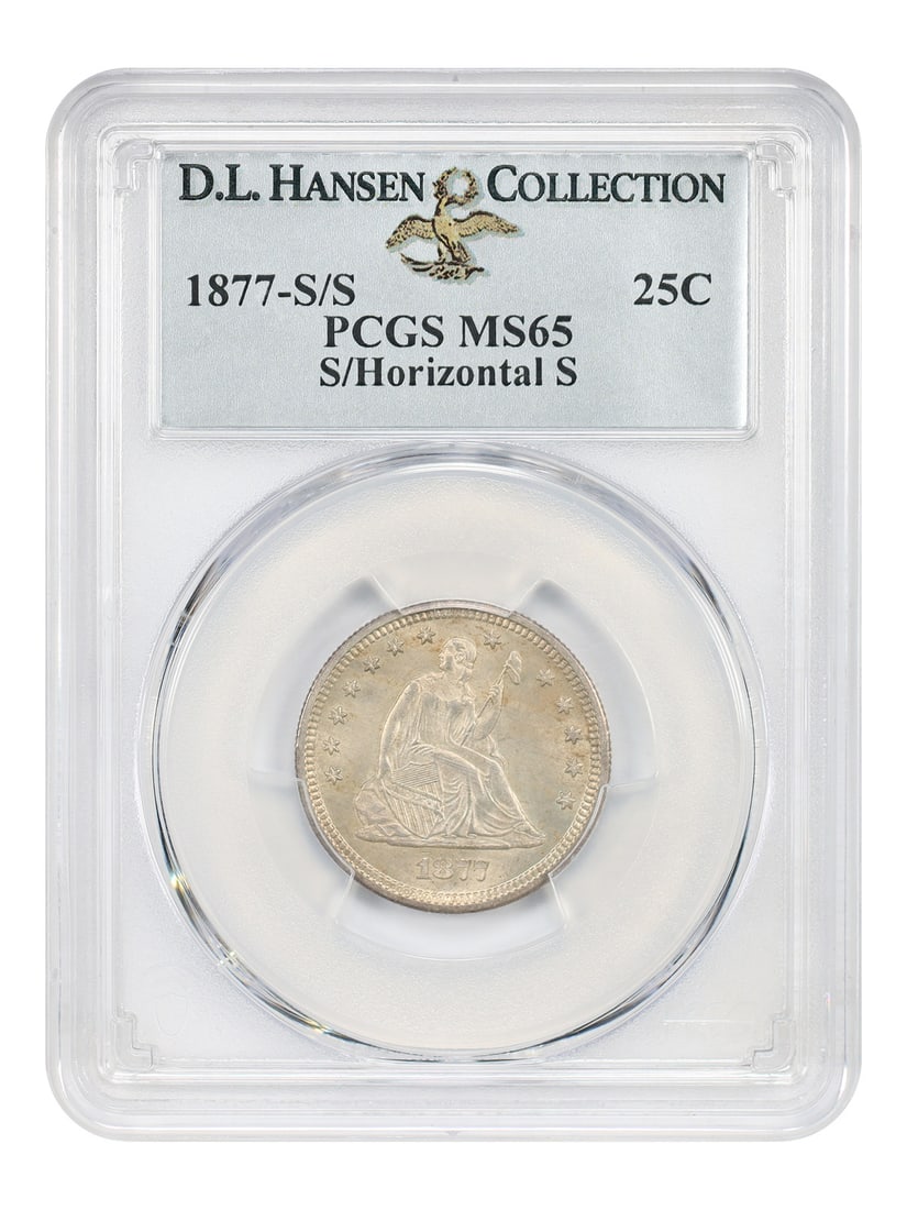 Liberty Seated Quarter 1877-S Horizontal S 25C PCGS MS65 ex D.L. Hansen: Liberty Seated Quarter 1877-S Horizontal S 25C PCGS MS65 ex D.L. Hansen 1877 Liberty Seated Quarter, San Francisco issue, certified PCGS MS65 and noted as the S/Horizontal S variety. This popular and 