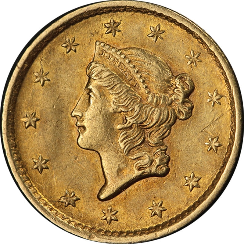 1852 P Liberty Gold Dollar Type 1 Choice XF AU Strong Strike: 1852 P Liberty Gold Dollar Type 1 Choice XF AU Strong Strike This 1852-P Type 1 Liberty Gold $1 coin is an original piece from the United States featuring the Liberty design. The coin is graded Choice