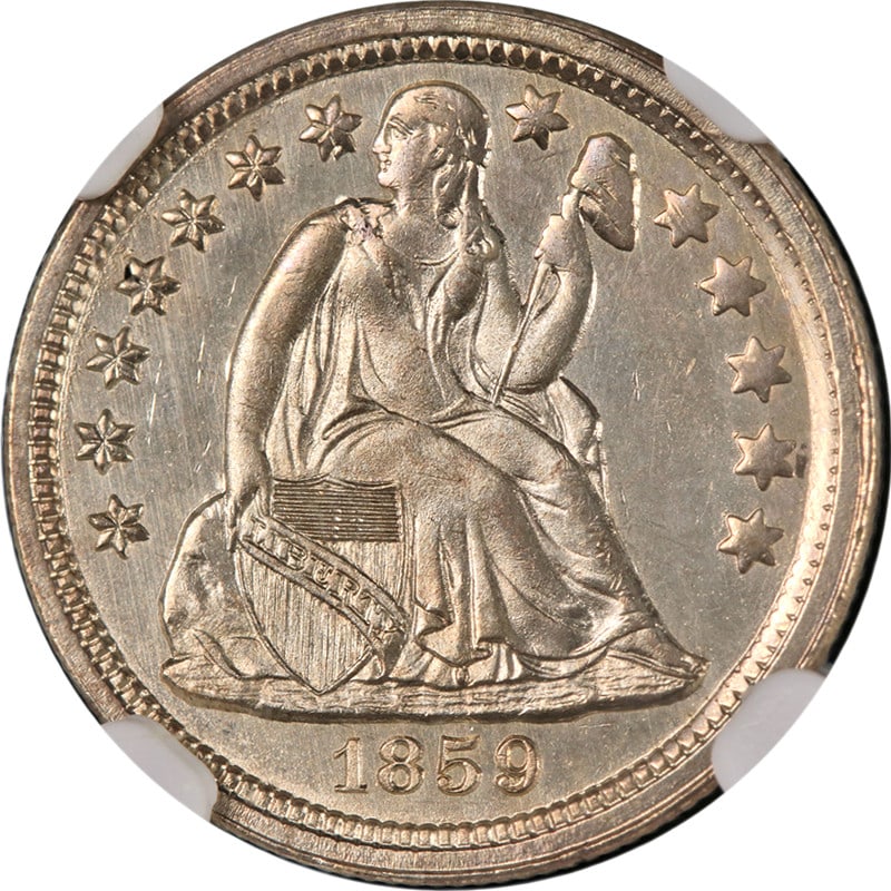 1859-P Seated Liberty Dime NGC MS65 Blast White Silver Coin: 1859-P Seated Liberty Dime NGC MS65 Blast White Silver Coin This 1859-P Seated Liberty Dime is a stunning example with superb eye appeal, showcasing fantastic luster and a nice strike. The coin is bla