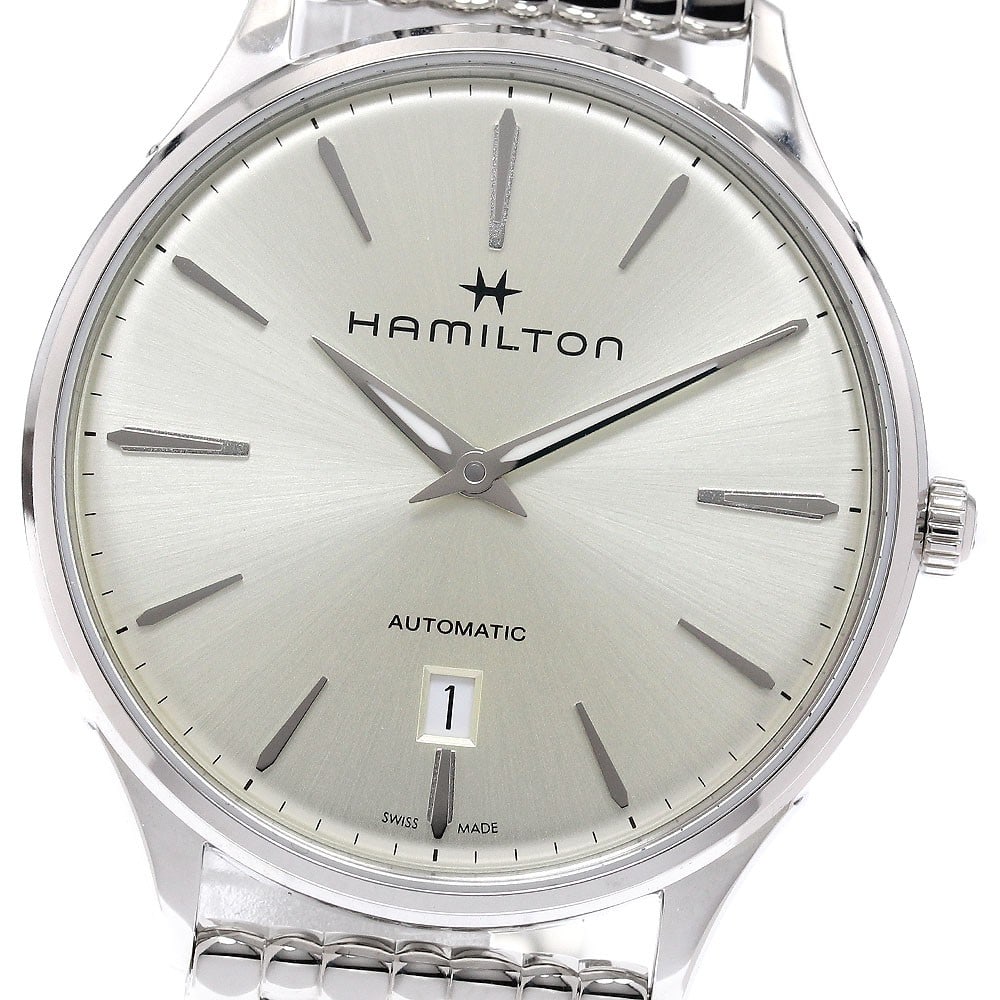 Hamilton Jazzmaster Thinline Date Automatic Men's Stainless Steel Watch: Hamilton Jazzmaster Thinline Date Automatic Men's Stainless Steel Watch This is a pre-owned Hamilton Jazzmaster Thinline Date men's wristwatch, model H385250. Featuring a stainless steel case and brac