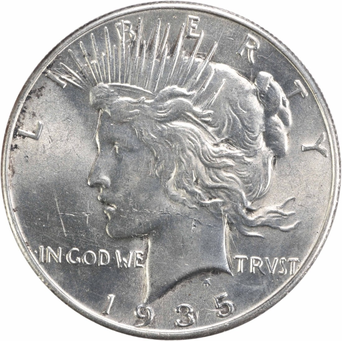 1935 AU Peace Dollar $1 Silver Coin Uncertified: 1935 AU Peace Dollar $1 Silver Coin Uncertified 1935 Peace Silver Dollar in About Uncirculated (AU) grade. This pre-owned coin is uncertified, circulated, and struck in silver. Specifications Coin: Pe