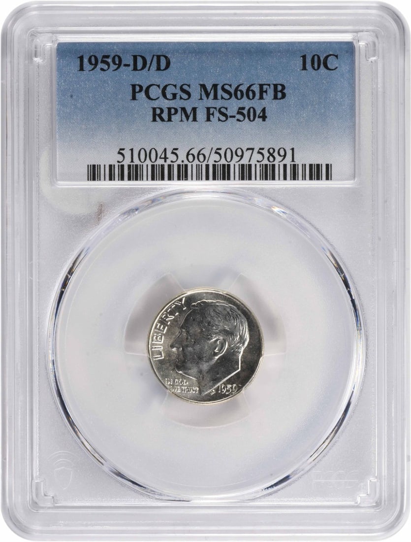 1959-D/D Roosevelt Dime MS66FB Certified PCGS 90% Silver: 1959-D/D Roosevelt Dime MS66FB Certified PCGS 90% Silver This 1959-D/D Roosevelt Dime, graded MS66FB by PCGS, is a remarkable addition for any collector. Struck in Denver, this coin features 90% silve