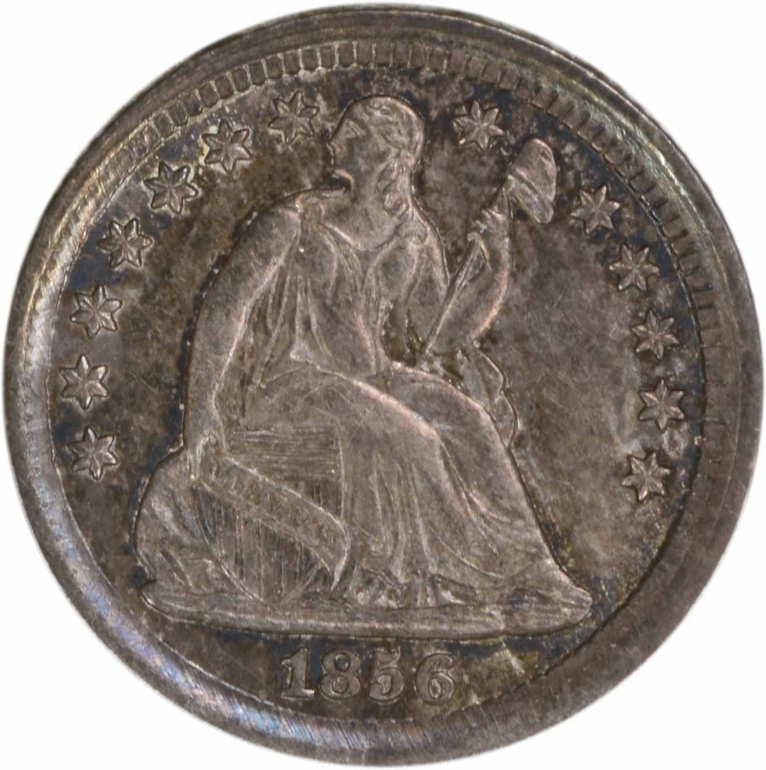 1856 Seated Silver Half Dime Choice BU Uncertified: 1856 Seated Silver Half Dime Choice BU Uncertified This 1856 Liberty Seated Half Dime is an uncirculated silver coin from the United States. It features the classic Seated Liberty design and is graded
