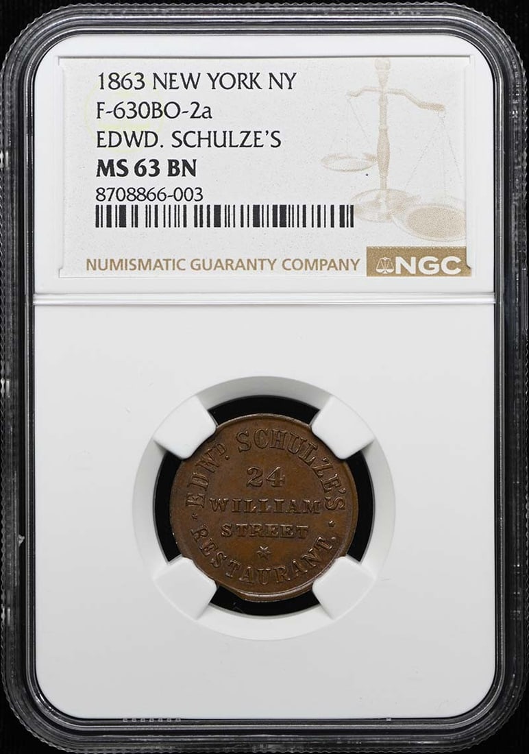 1863 New York Schulze Token F-630BO-2a NGC MS63BN: 1863 New York Schulze Token F-630BO-2a NGC MS63BN 1863 New York Schulze's token graded NGC MS63BN. This pre-owned piece is listed as uncirculated and encapsulated by NGC. Specifications Item Type: Tok