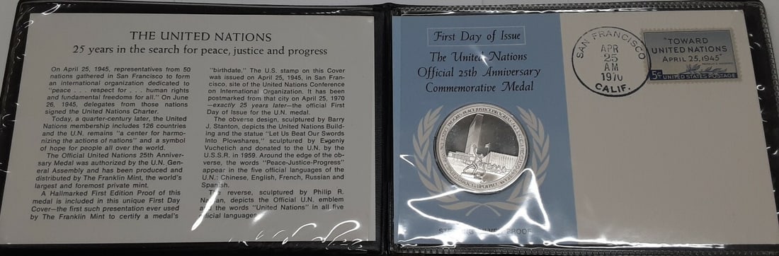 Franklin Mint Sterling Silver United Nations 25th Anniversary Medal First Day Cover (1 of 5)