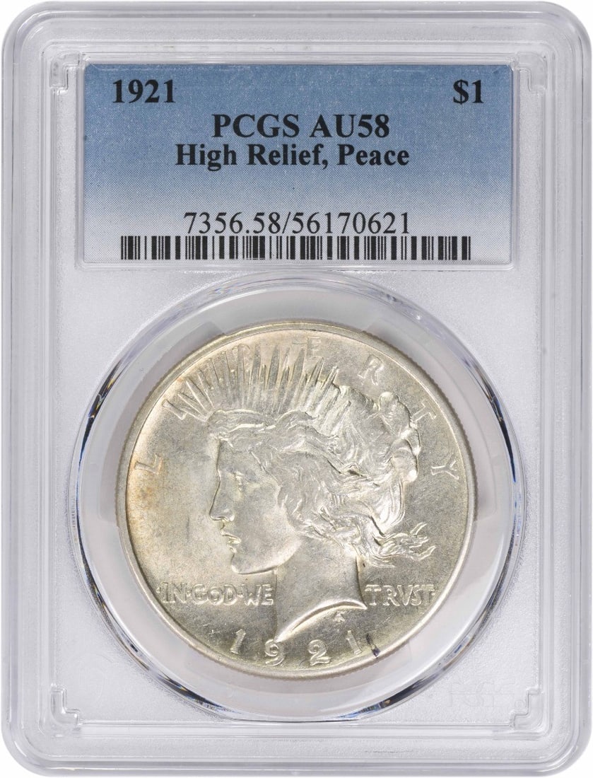 1921 Peace Dollar Graded AU58 by PCGS Philadelphia Mint: 1921 Peace Dollar Graded AU58 by PCGS Philadelphia Mint This is a 1921 Peace Silver Dollar certified by PCGS with a grade of AU58. Minted in Philadelphia, this coin is composed of 90% silver and 10% c