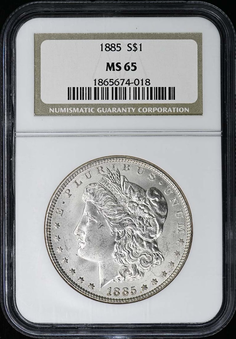 NGC MS65 1885 Philadelphia Morgan Dollar S1: NGC MS65 1885 Philadelphia Morgan Dollar S1 This 1885 Morgan Dollar is an uncirculated coin graded MS65 by NGC. Minted in Philadelphia, it features the iconic Morgan Dollar design and comes with NGC c