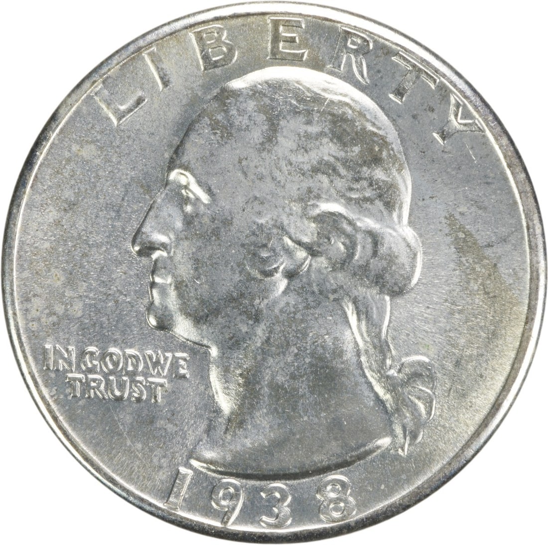 1938 Silver Washington Quarter Choice BU+ Uncertified: 1938 Silver Washington Quarter Choice BU+ Uncertified This 1938 Washington Silver Quarter is a Choice Brilliant Uncirculated (BU+) coin. Struck in silver, it is uncirculated and originates from the Un