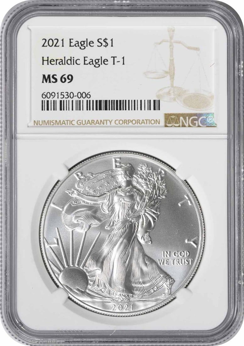 American Eagle Silver Dollar 2021 MS69 NGC Certified Type 1: American Eagle Silver Dollar 2021 MS69 NGC Certified Type 1 This 2021 American Silver Eagle Type 1 coin is certified by NGC with a grade of MS69. Struck by the U.S. Mint, it contains 1 oz of .999 fine