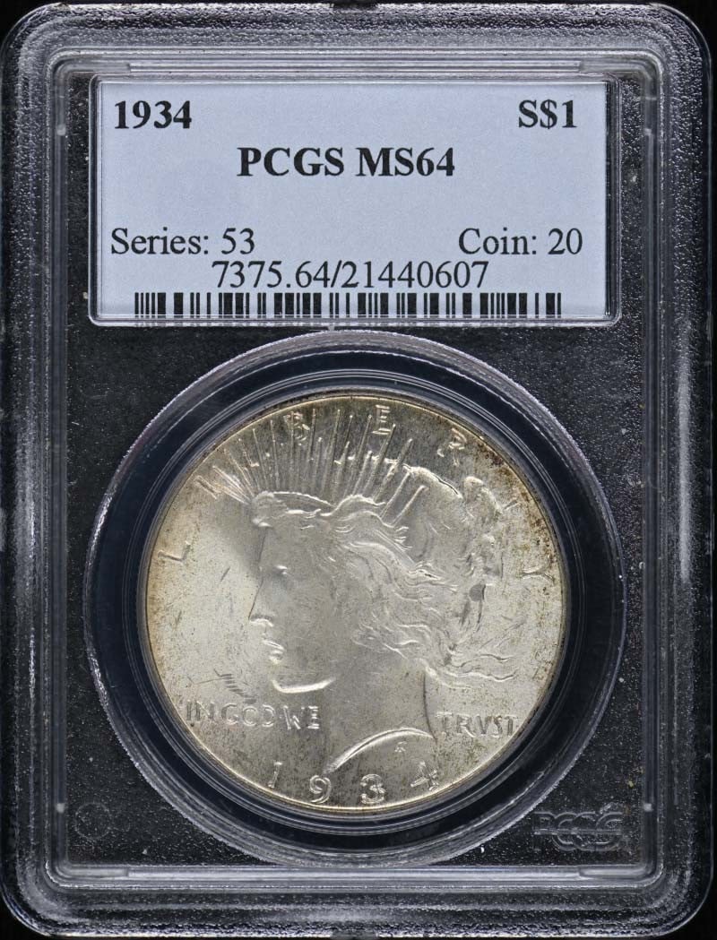 PCGS MS64 1934 Philadelphia Peace Dollar: PCGS MS64 1934 Philadelphia Peace Dollar This 1934 $1 Peace Dollar is graded MS64 by PCGS and originates from the Philadelphia Mint. The coin is uncirculated and features the iconic Peace Dollar desig